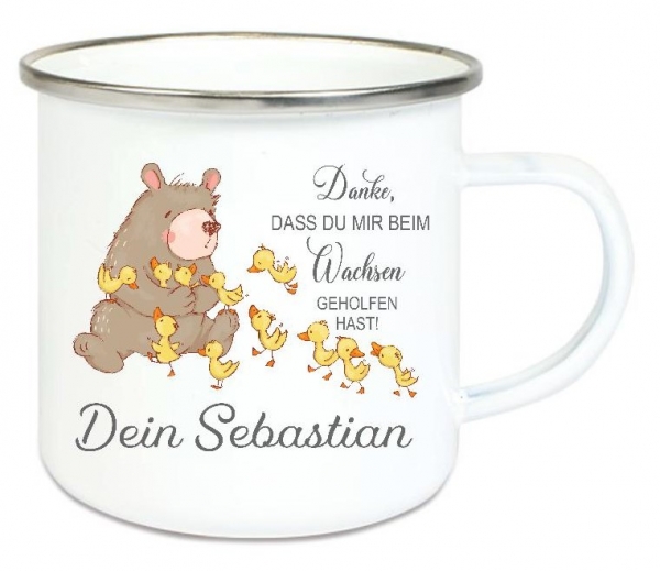 ♥ zauberhafte Tasse Emailletasse Bärchen Küken Danke... Name,  Wunschname, KITA Kindergarten, Einschulung, Dankeschön, Abschied, Jubiläum, Geschenk, Becher von Lüttentüddel
